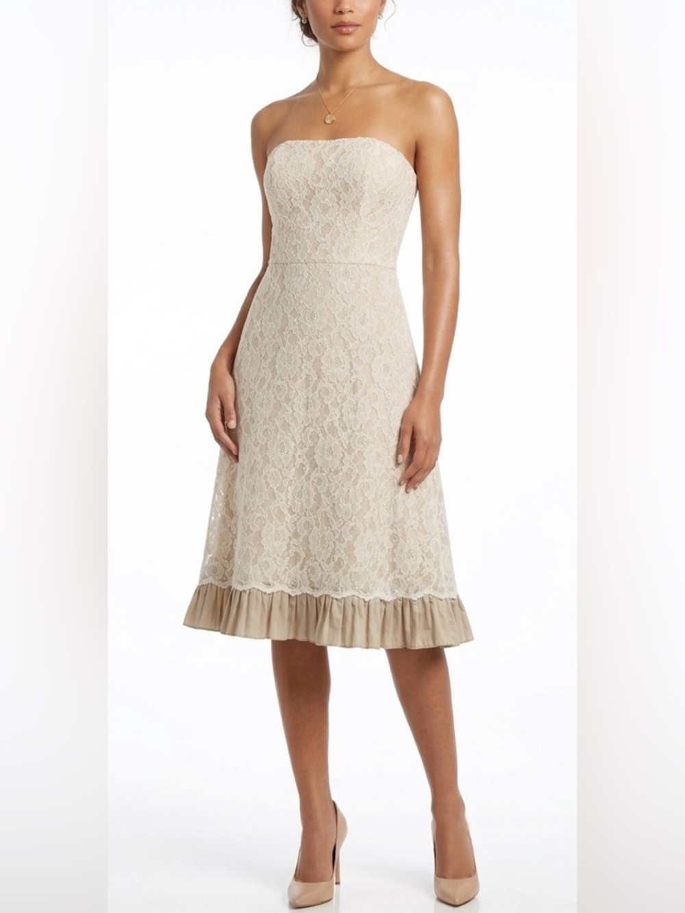 Mori Lee Strapless Lace Tea-Length Dress in Beige with Ruffle Hem